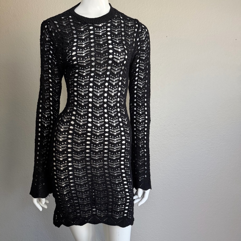 Nasty Gal Black Crochet Open Back Mini Dress Bell Sleeve Sheer NWT Swim Cover Up - Picture 7 of 7